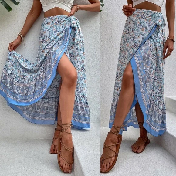 π BOHO BLUE FLORAL WRAP HIGH WAIST RUFFLE MAXI SKIRT! - Picture 4 of 8